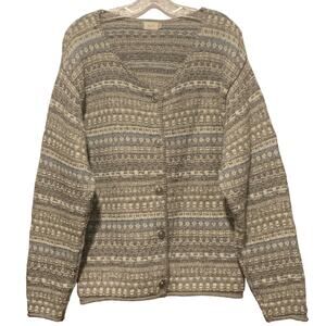 Women's ALPS Cardigan Sweater Size L Gray Nordic Print Metal Buttons Wool Blend